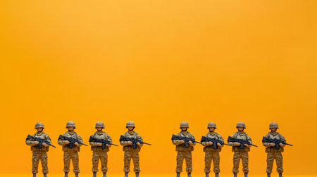 A vibrant display of plastic toy soldiers in military uniforms with rifles set against a bright yellow background, perfect for children's play and creative projects.の素材