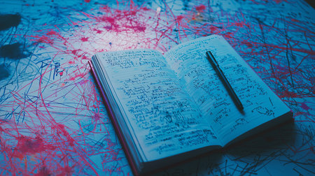 A visually striking open notebook sits on a vibrant abstract background. Ink pen rests on handwritten notes, capturing creativity and inspiration.の素材