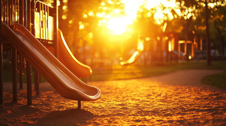A serene playground scene during sunset, featuring slides bathed in golden light. This tranquil atmosphere invites joy and outdoor exploration.の素材