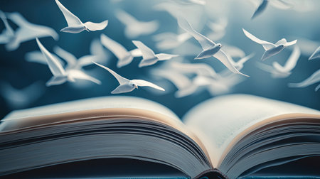 An enchanting scene of an open book with birds taking flight, symbolizing imagination and creativity, inviting viewers to explore literature and ideas.の素材