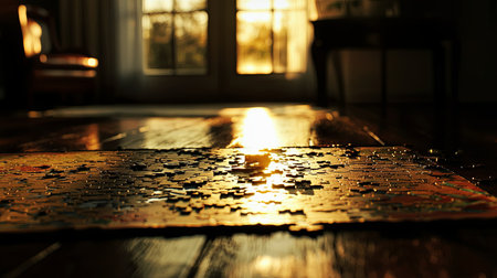 A serene scene of scattered puzzle pieces on a wooden floor, bathed in warm sunlight. This image captures the essence of relaxation and creativity in a cozy home atmosphere.の素材