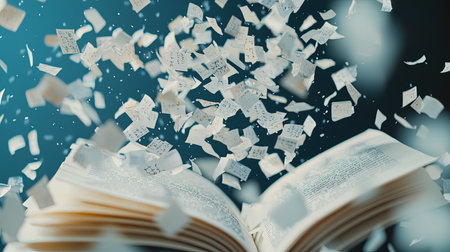 An artistic representation of an open book with flying pages, symbolizing creativity and knowledge. This image captures the essence of imagination and storytelling.の素材