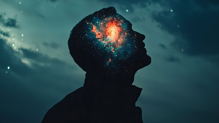 A captivating silhouette of a man against a night sky, revealing a cosmic universe filled with galaxies and stars. Perfect for themes of imagination and exploration.の素材