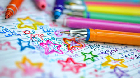 A vibrant collection of colorful pens and crayons surrounding bright star drawings on lined paper, perfect for capturing artistic creativity and youthful imagination.の素材