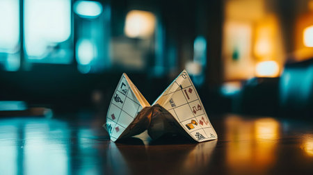 A charming paper fortune teller rests on a wooden table, capturing nostalgia and childhood memories. Soft indoor lighting enhances its playful design and inviting presence.の素材