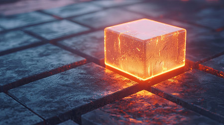 A vibrant glowing cube illuminates a dark textured surface, creating a stunning contrast that captures the essence of modern design and artistic visuals.の素材