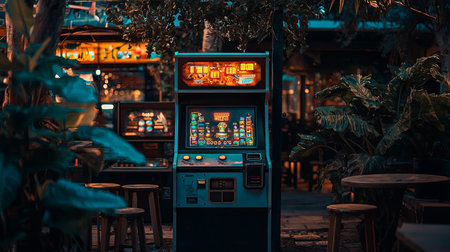 A vibrant slot machine stands amidst a lively indoor garden, illuminated by colorful lights, creating a unique entertainment atmosphere perfect for evening fun.の素材
