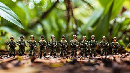 A captivating display of miniature soldiers lined up in a vibrant green setting, showcasing detailed craftsmanship and playful imagination. Perfect for themes of adventure.の素材