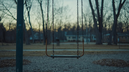 An empty swing hangs in an abandoned playground at dusk. Surrounding trees create a serene atmosphere. This scene evokes feelings of nostalgia and solitude.の素材
