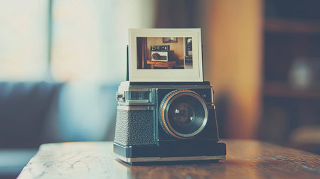 A vintage camera sits on a wooden table, showcasing an instant photo. The warm tones and stylish background create a nostalgic atmosphere for photography lovers.の素材