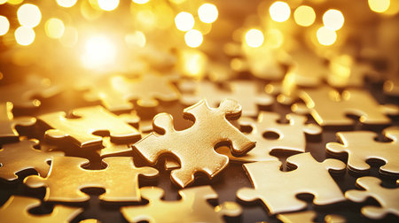 A stunning arrangement of golden puzzle pieces on a dark surface, accented by a sparkling bokeh light effect that adds warmth and creativity.の素材