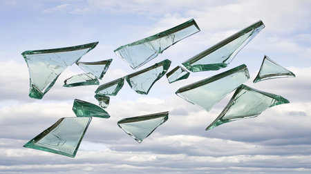 A collection of shattered glass fragments suspended in the air, creating an abstract composition against a cloudy sky backdrop. Ideal for artistic projects.の素材