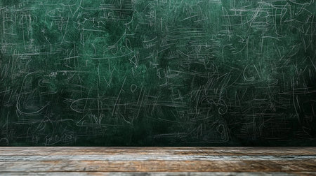 This image features an empty chalkboard in a classroom setting, framed by a rustic wooden floor. The green background offers an ideal canvas for educational concepts and creativity.の素材