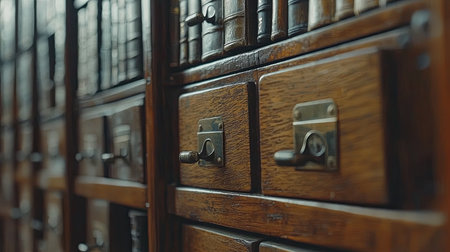 Close-up view of a vintage wooden cabinet featuring multiple drawers, showcasing elegant craftsmanship and classic design elements, perfect for library aesthetics.の素材