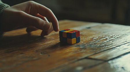 A close-up view of a hand reaching for a colorful puzzle cube on a rustic wooden table. This image captures themes of leisure, creativity, and engaging challenges.の素材