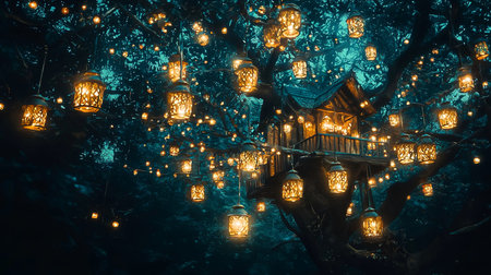 A whimsical treehouse nestled in a lush forest, adorned with glowing lanterns, creates a magical atmosphere perfect for dreamy escapes and serene nights.の素材