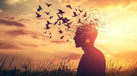 A captivating image showcasing a man silhouette against a vibrant sunset, with birds emerging from his head, symbolizing creativity and freedom.の素材