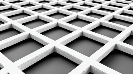 A striking abstract image featuring a white grid pattern on a black background, showcasing a modern 3D effect and clean lines ideal for various design projects.の素材