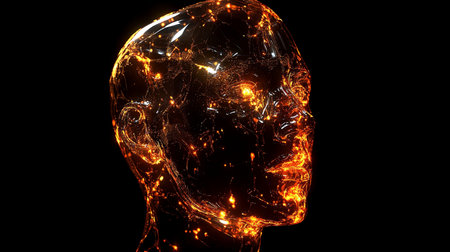 This stunning abstract artwork features a glowing head sculpture, illuminated with captivating light effects and intricate textures, evoking innovation and creativity.の素材