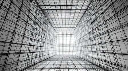 Stunning abstract perspective of a grid structure, showcasing modern architecture. The intricate lines create depth and a sense of openness in this artistic space.の素材