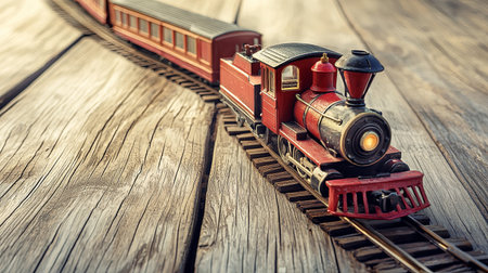 A vintage wooden toy train model gently curves along a wooden track, showcasing intricate details and nostalgic charm perfect for decor or gifting.の素材