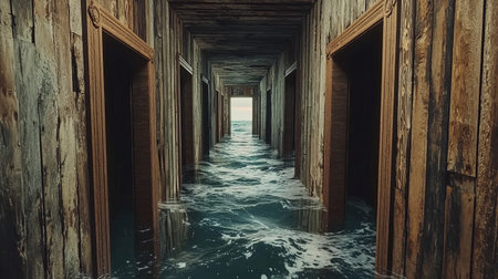 Explore a captivating scene of serene water flowing through abandoned wooden doors at a seaside location. This image evokes mystery and tranquility.の素材