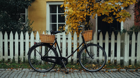 A classic bicycle with wicker baskets stands by a charming white picket fence surrounded by vibrant autumn leaves, exuding a peaceful and nostalgic vibe.の素材