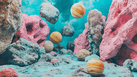 This vibrant abstract landscape features colorful rocks and floating planets in a surreal setting, creating a dreamlike universe filled with imagination and fantasy.の素材