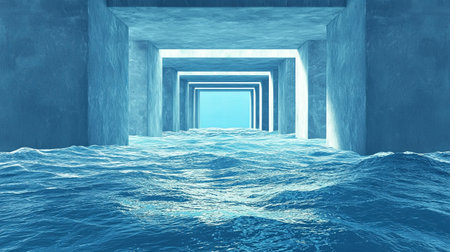 A tranquil underwater scene showcasing flowing water through a concrete structure, reflecting serene shades of blue and light. Perfect for nature themes.の素材