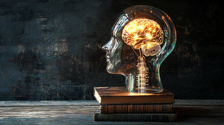 This stunning glass sculpture features a head with an illuminated brain, symbolizing creativity and deep thought. Perfect for art and design enthusiasts.の素材