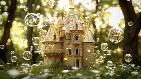 A 2D fantasy dreamscape with a golden castle surrounded by floating bubbles, with copy space.の素材