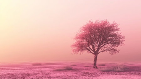 A breathtaking dreamland where a tree with glowing leaves stands alone in a pastel desert, with copy space.の素材