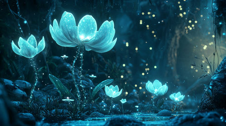 A 3D magical garden with oversized glowing flowers and fireflies illuminating the scene, with space for text.の素材