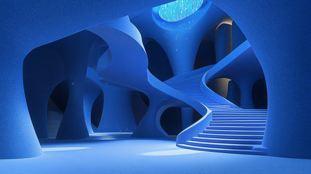 A 3D-rendered dreamscape featuring an endless staircase ascending into the cosmos, with copy space.の素材