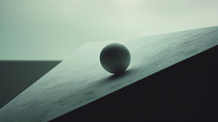 A close-up of a soccer ball rolling against gravity on a slanted field, creating a paradox, with room for text.の素材