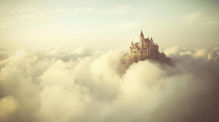 A dreamy cloud kingdom where castles rest on floating puffs of mist, with space for text.の素材