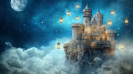 A dreamy castle in the clouds, surrounded by floating lanterns and glowing blue mist, with copy space.の素材