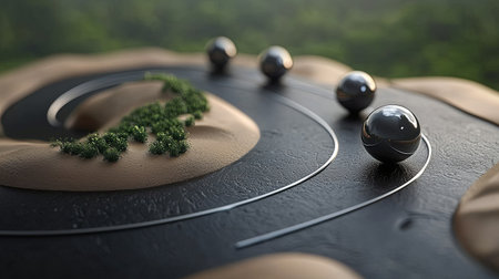 A 3D illustration of a road where objects mysteriously roll against gravity, with copy space.の素材