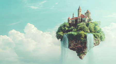 A fairytale castle suspended in midair, with waterfalls flowing from its base into the sky, with copy space.の素材