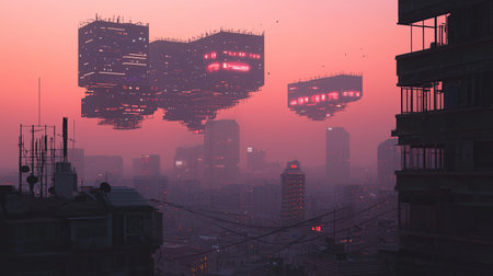 A cybernetic cityscape where colossal floating buildings create a futuristic silhouette, with copy space.の素材