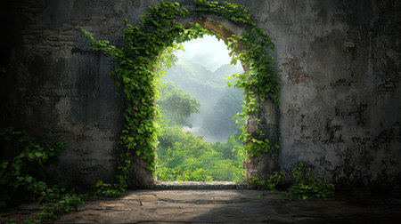 A fantasy archway covered in glowing vines, leading into a peaceful garden, with copy space.の素材