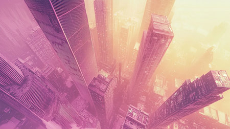 A dreamy sci-fi city where floating skyscrapers are arranged in perfect harmony above a glowing ground, with copy space.の素材