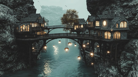 A dreamy fantasy land with floating houses connected by glowing bridges, with copy space.の素材