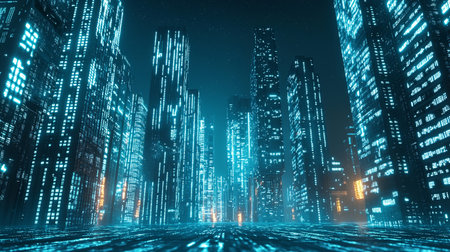 A dreamy sci-fi city where floating skyscrapers are arranged in perfect harmony above a glowing ground, with copy space.の素材