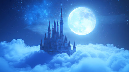A fantasy castle floating among the clouds under a bright full moon, with room for text.の素材