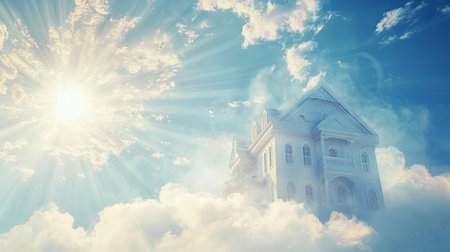 A dreamy castle in the clouds, surrounded by soft glowing mist, with copy space.の素材