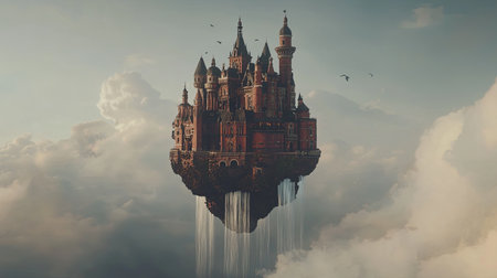 A fairytale castle suspended in midair, with waterfalls flowing from its base into the sky, with copy space.の素材