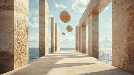 A 3D illustration of a road where objects mysteriously roll against gravity, with copy space.の素材