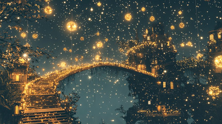 A cosmic dreamland with stars forming bridges and floating staircases, with room for text.の素材