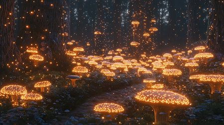 A fairytale meadow where giant glowing mushrooms provide soft light, with room for text.の素材